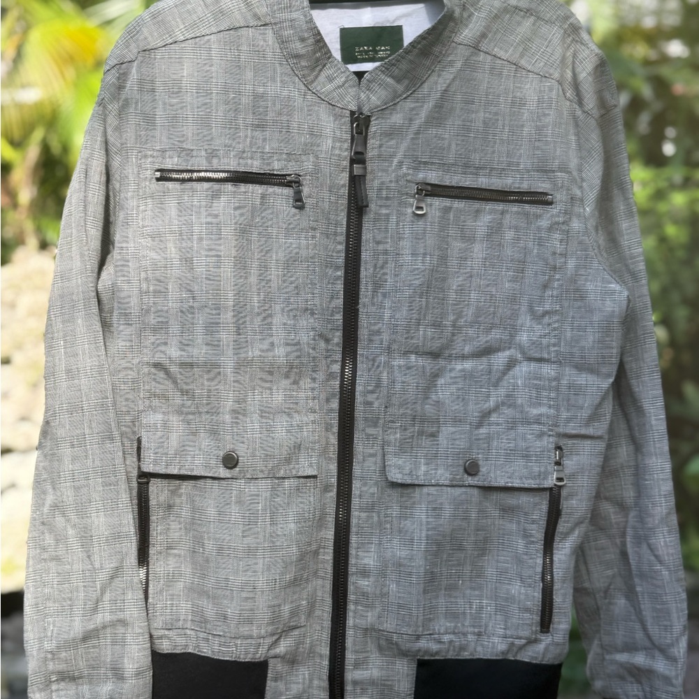 Zara Men's Gray Plaid Bomber Jacket with Black TrimNWT